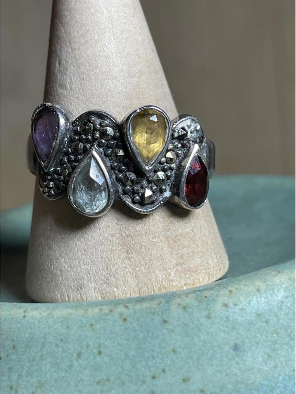 Sterling SilverRing 4 Teardrop Gems, Garnet, Yellow, Ice Blue & Purple Size 9.25